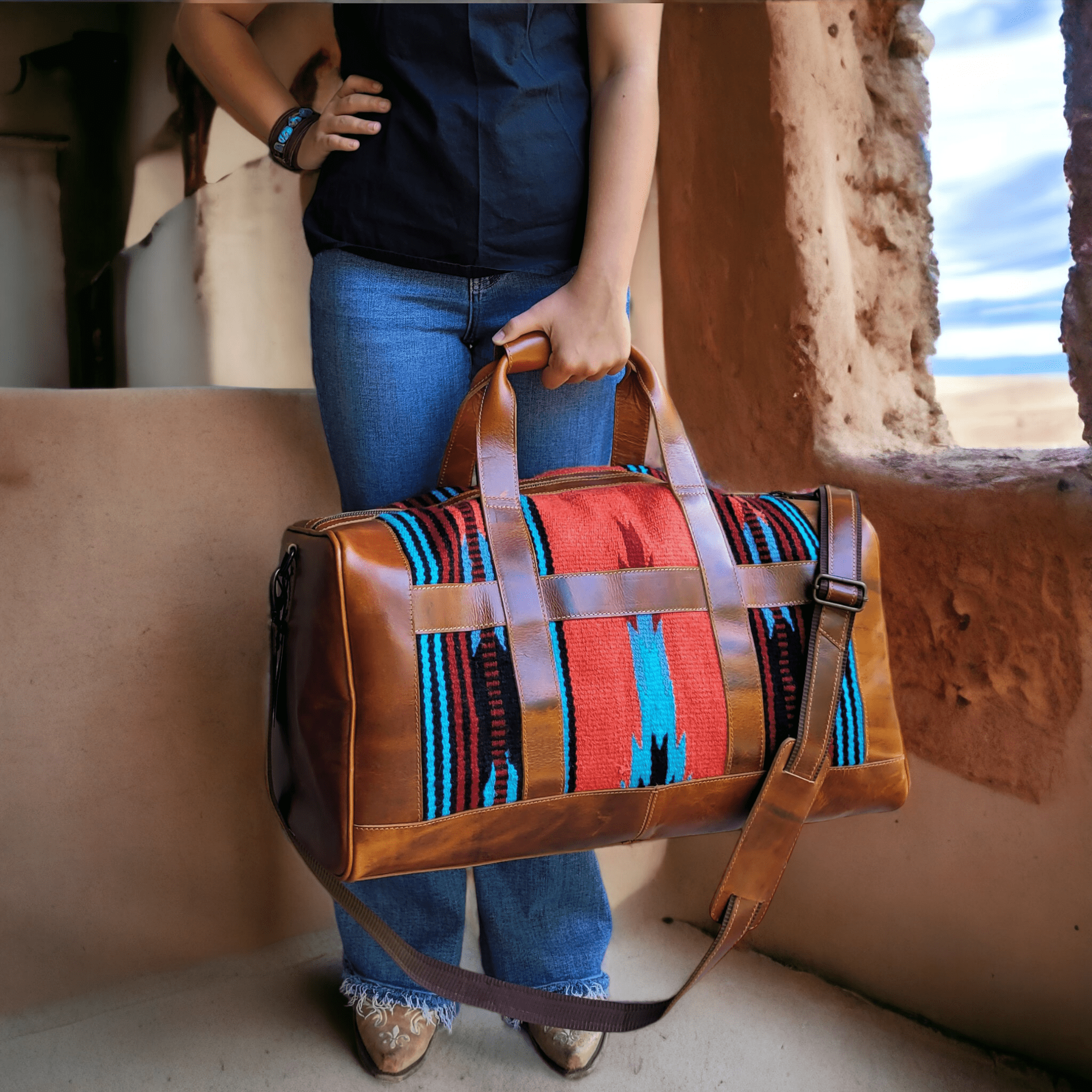 Bundle Deal-Sedona Southwestern Duffel Handwoven Wool And Leather Weekender + Sedona Handwoven Wool Western Tote Purse Luggage & BagsRanch Junkie